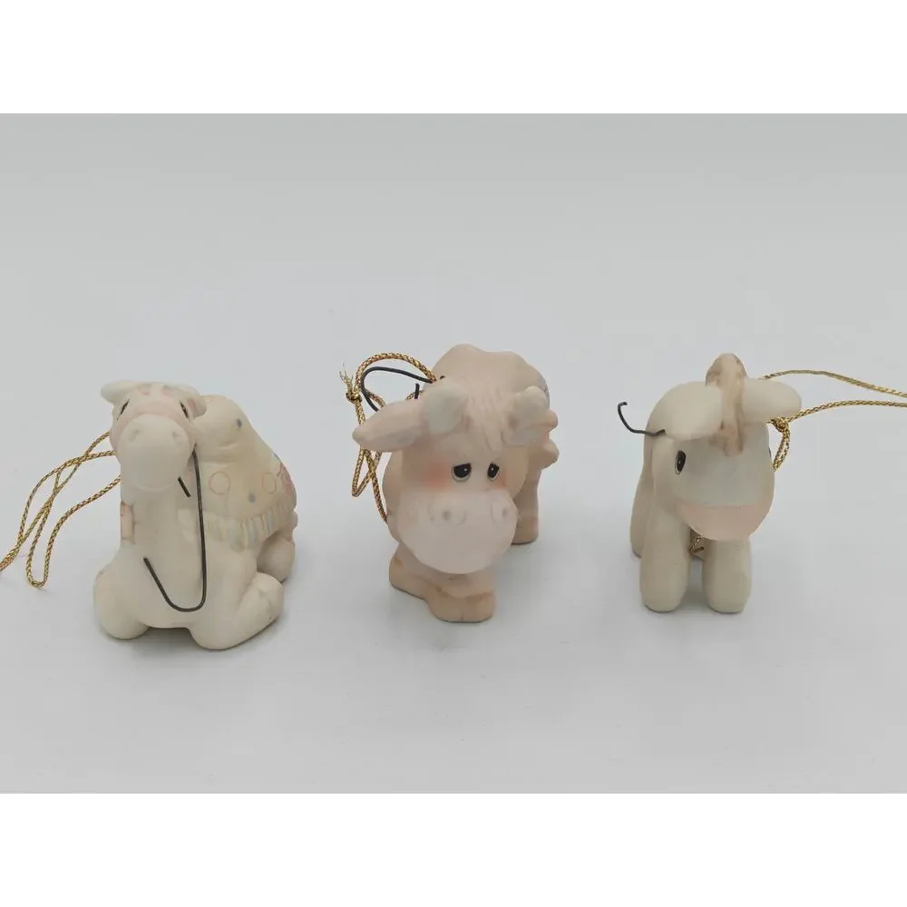 Precious Moments E2386 Trio Of Porcelain Bisque Nativity Animal Ornaments 1982
